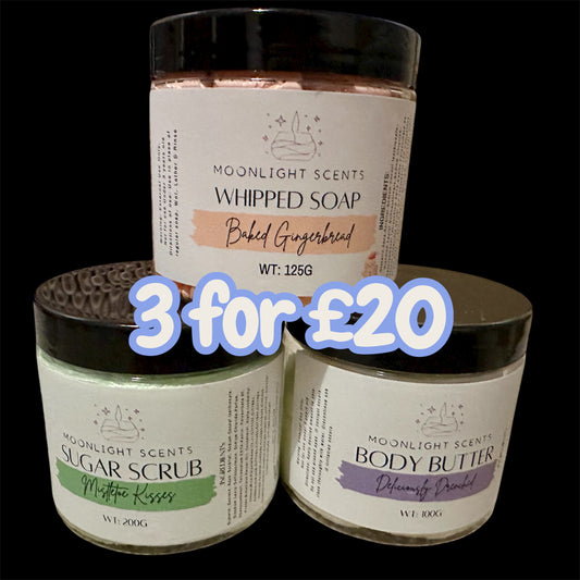 3 for £20 - Sugar Scrub, Whipped Soap, Body Butter